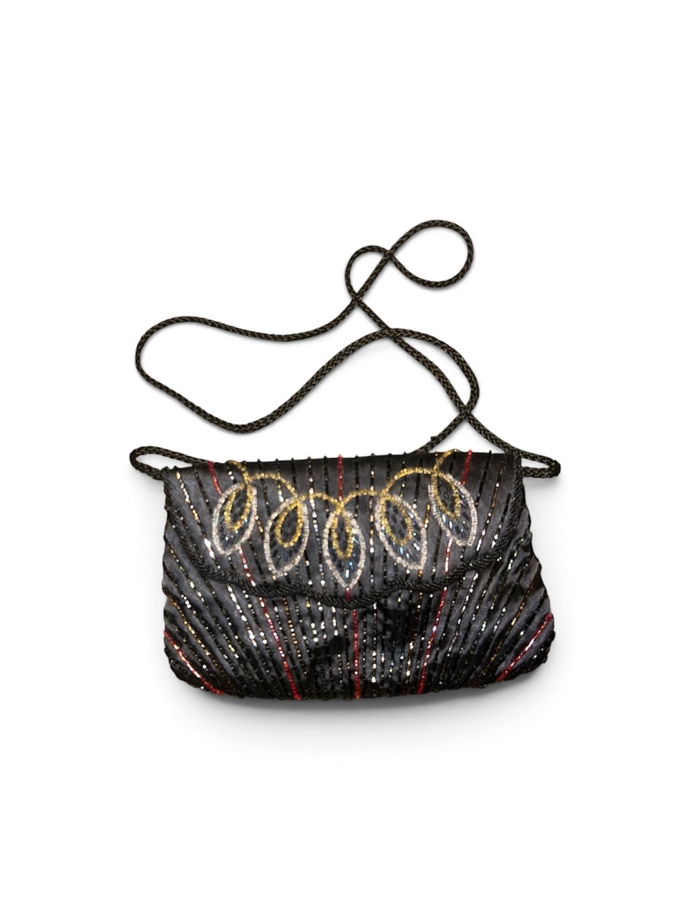 Black Beaded Evening Crossbody Bag with Gold Accents
